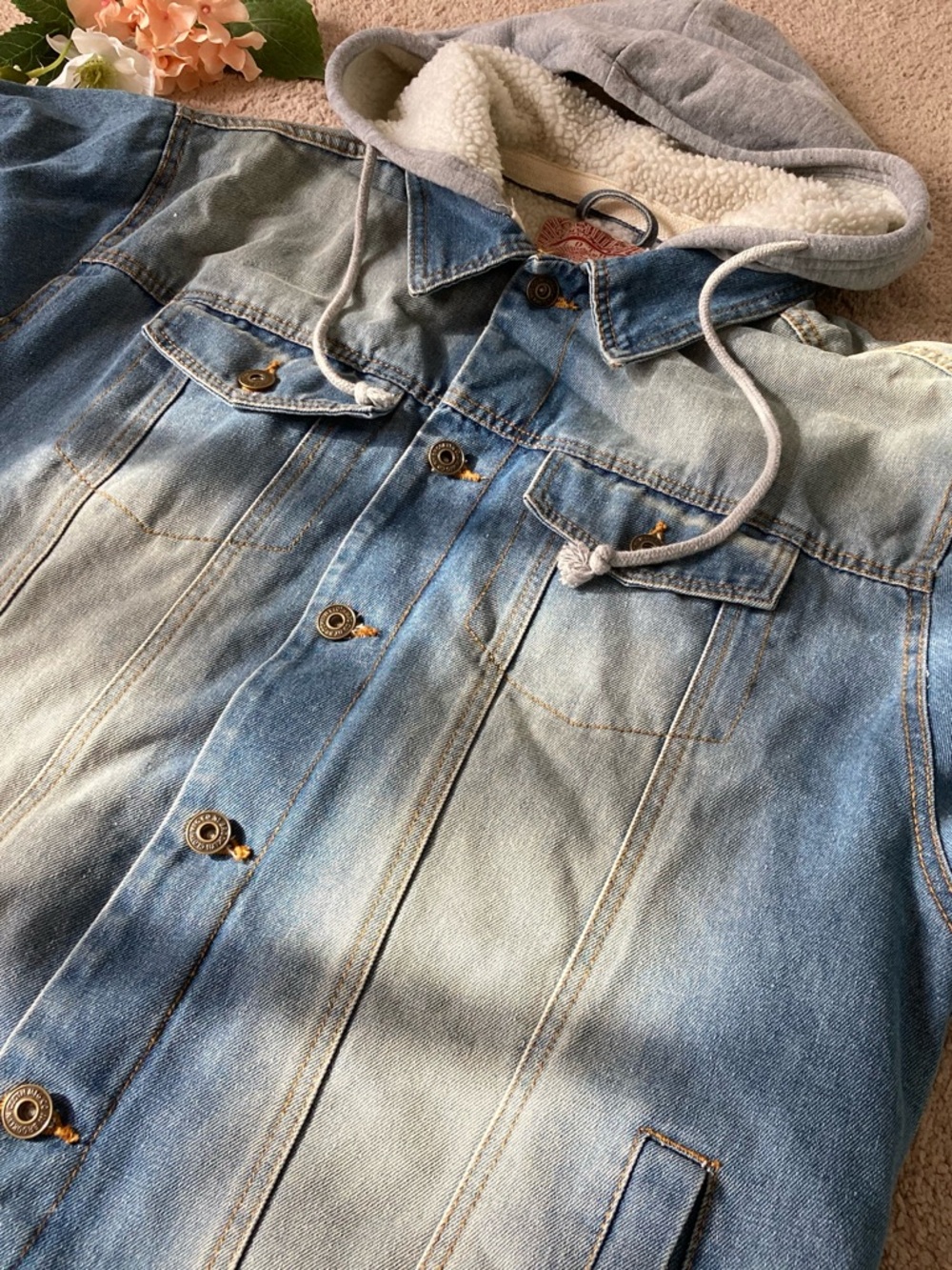 Light Wash Denim Sherpa-Lined Jacket with Hood